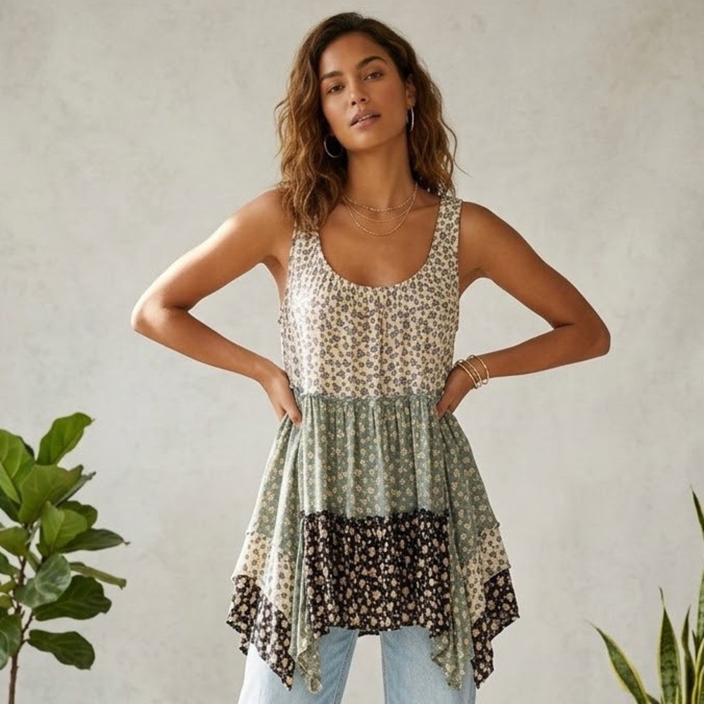 Edme & Esyllte Anthropologie Mixed Floral Tiered Tunic Tank Top Blue Green 0 S/M